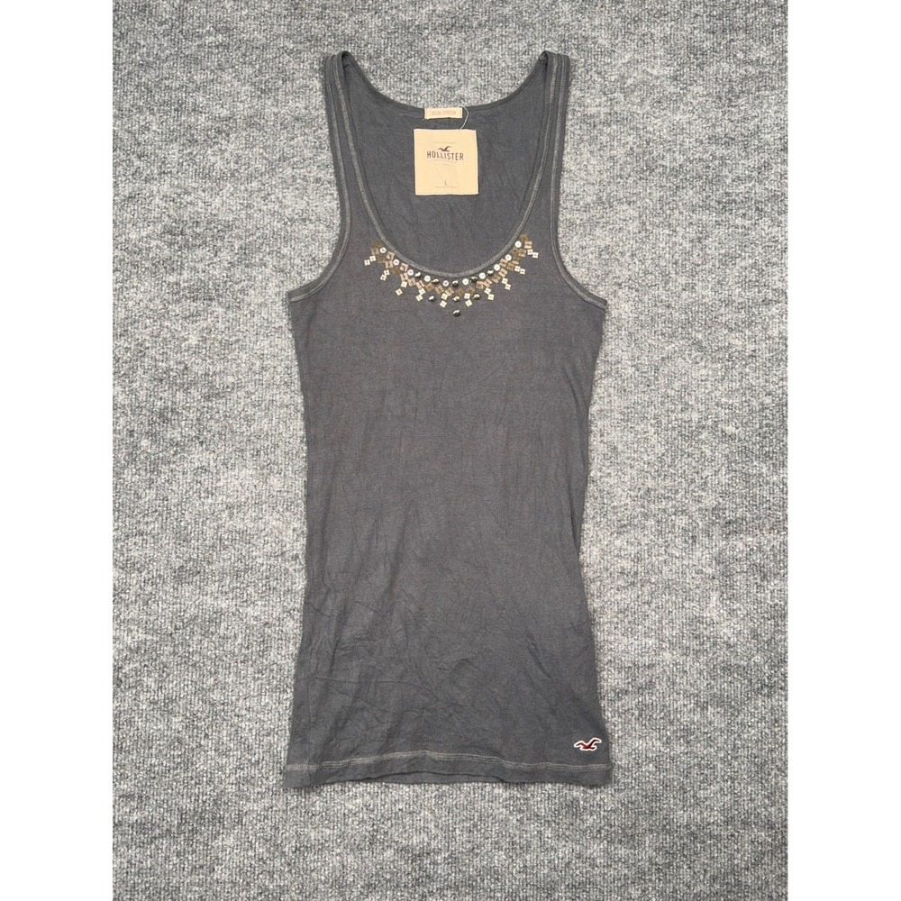 Hollister‎ Womens Beaded Tank Top Gray Ribbed Y2K Stretch Sleeveless Size L